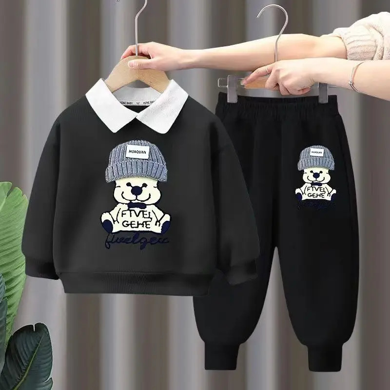 Autumn Baby Girls Clothes Set Children Boy Lapel Cartoon Printed Pullover Sweatshirts And Pants 2pcs Suit Children Tracksuits 250113