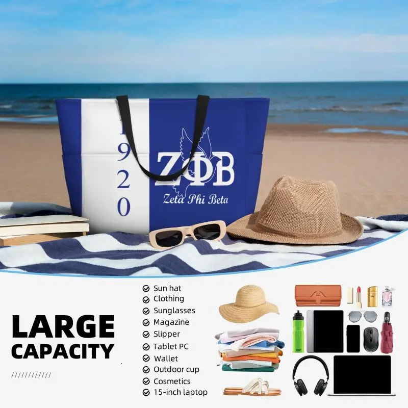 Zeta Phi Beta Large Waterproof Beach Bag Women Sandproof Pool Tote Bags with Zipper and Pockets for Gym Swim Travel Vacation 250121