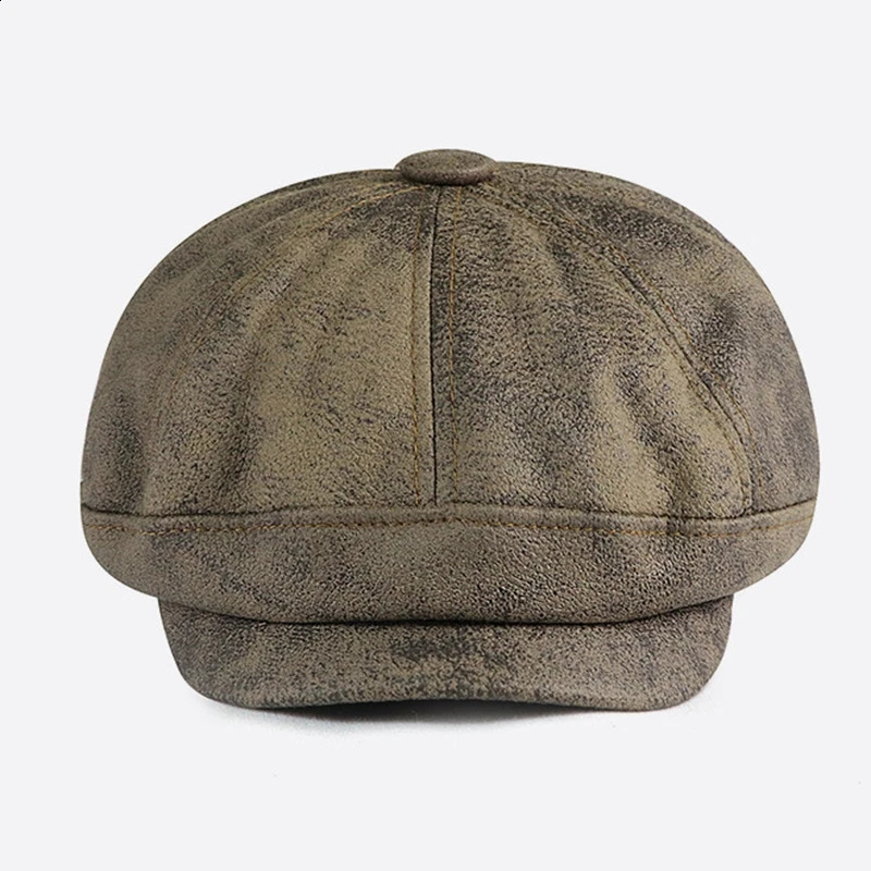 Wash Old PU Leather spaper Cap Man Casual Beret Women Fashion Octagonal Caps Dad Ivy Hats 250118