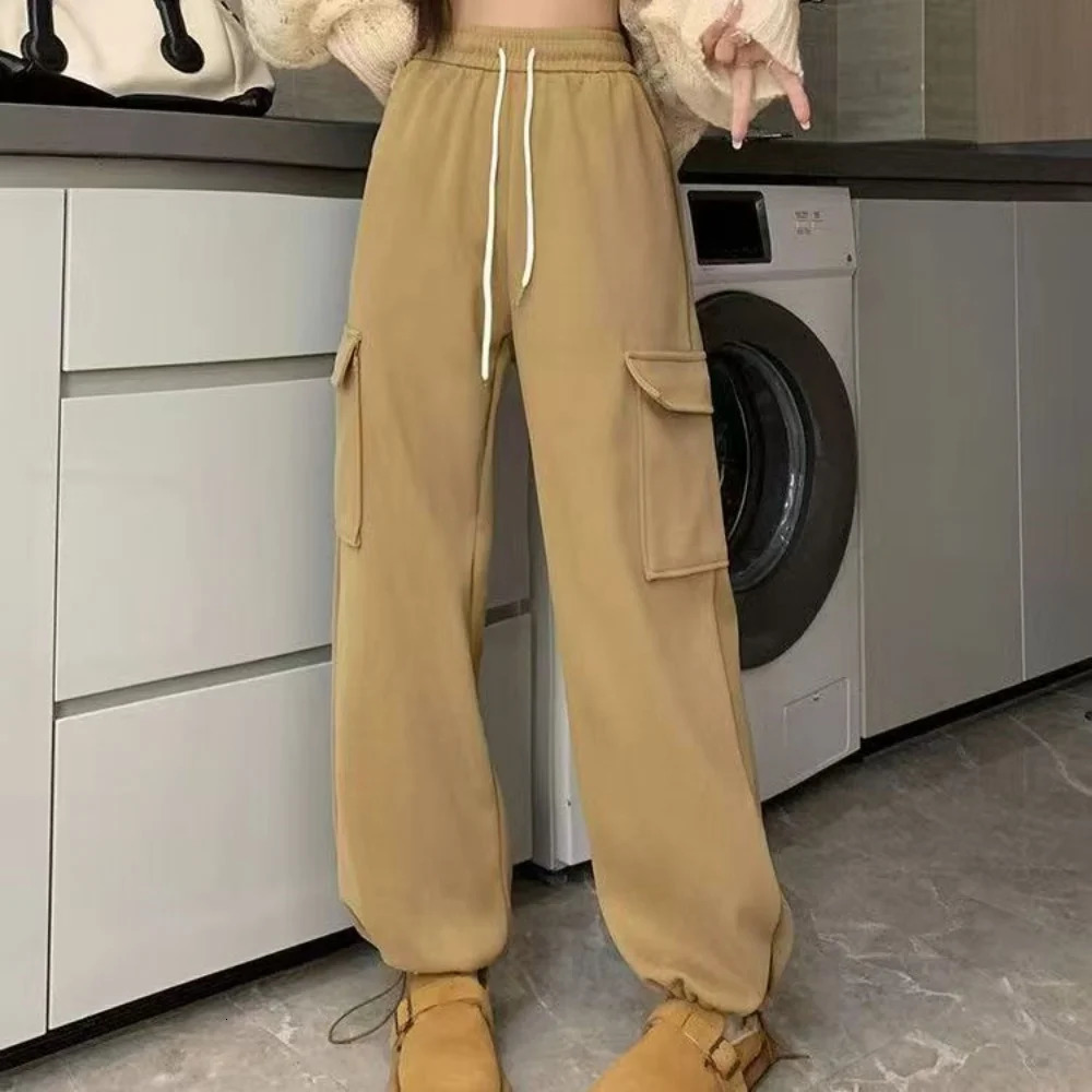 Autumn Winter Women Pants Elastic Waist Drawstring Large Pocket Trousers Youthful Loose Casual Sports Solid Straight Cargo Pant 250117