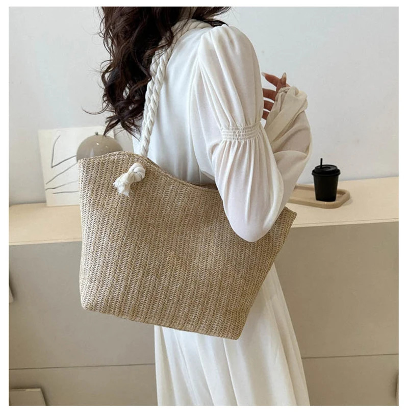 Fitshinling Bohemian Handmade Moven Rattan Straw Bags Fashion Large Capacity Shoulder Bag Women Vintage Female Tote 250121