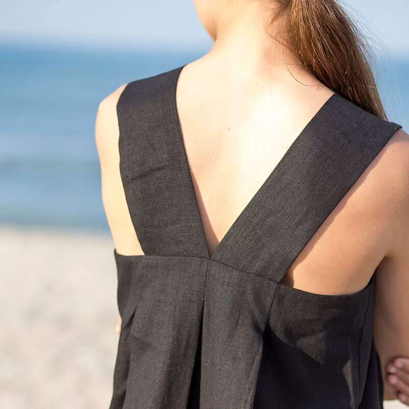 Spring Cotton And En Square Collar Solid Color Straight Style Loose Sleeveless Overall Maxi Dress