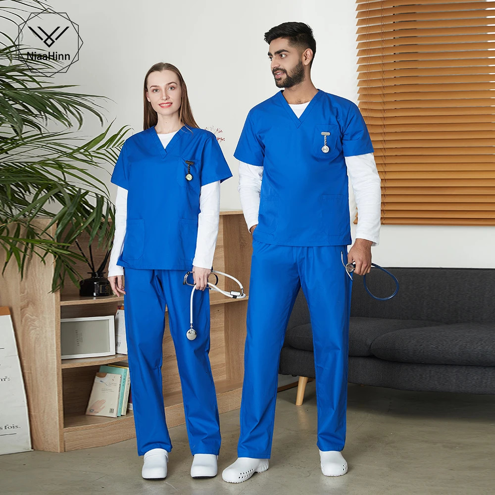 Hospital Scrubs Set Men Short Sleeve Classic V-neck Top and Pants Nursing Uniform Doctor Clothing Surgery Workwear Pet Doctor 250122