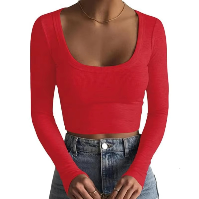 O Neck Long Sleeve Shirt Women Ribbed Sexy Cropped Tops 2024 Spring Black Casual Skinny Slim Basic Woman T Shirts White