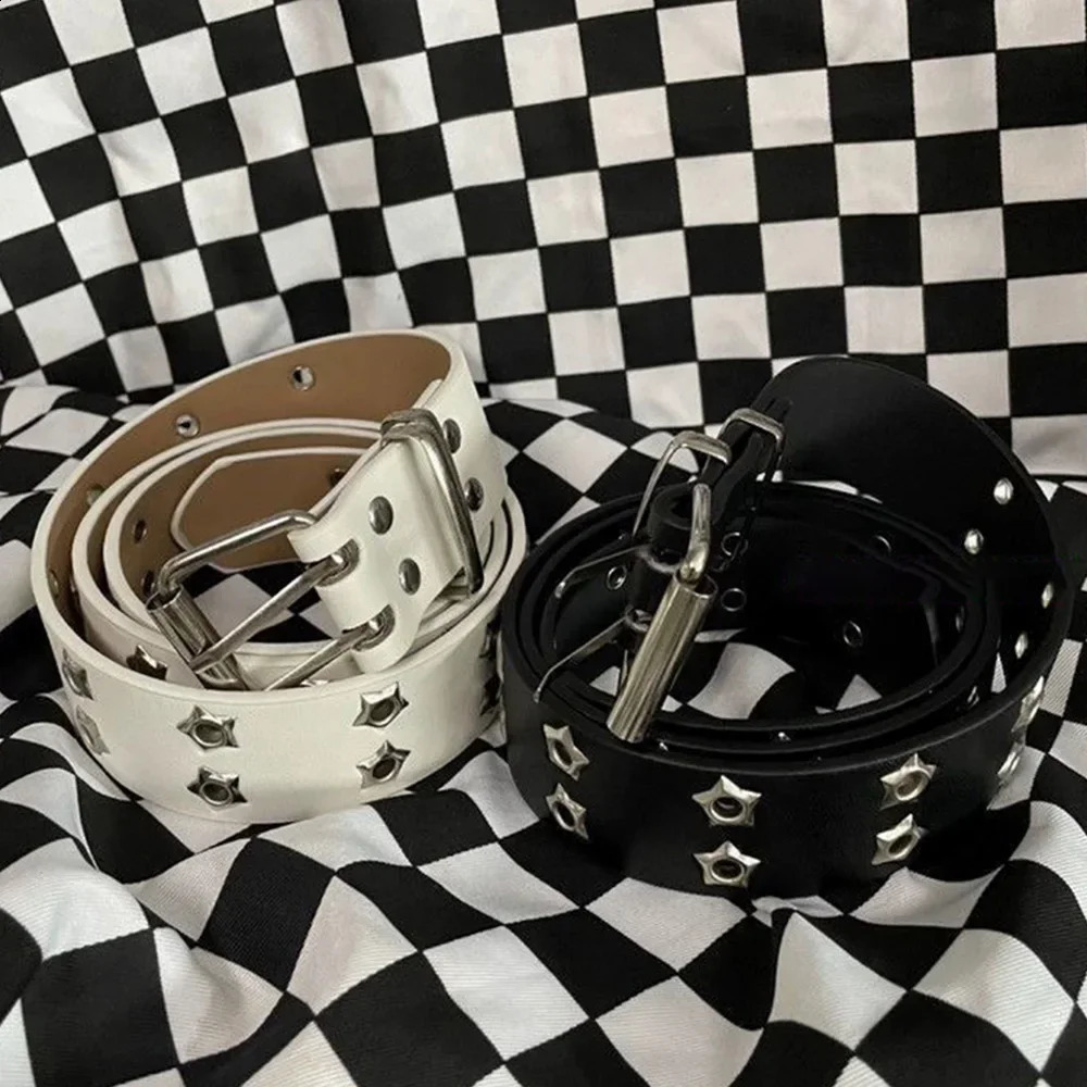110cm Waist Belt Y2K Punk Rivet Leather Men Star PU Black White Strap Double Row Hollow for Jeans Skirt Decor 250114
