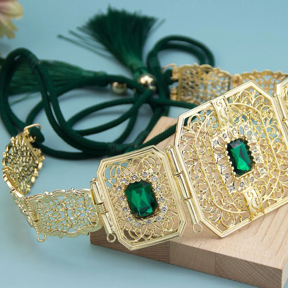 Sunspicems Gold Color Moroccan Caftan Belt For Women Metal Waist Chain Hand Rope Tassels Crystal Arabian Bridal Party Jewelry 250121