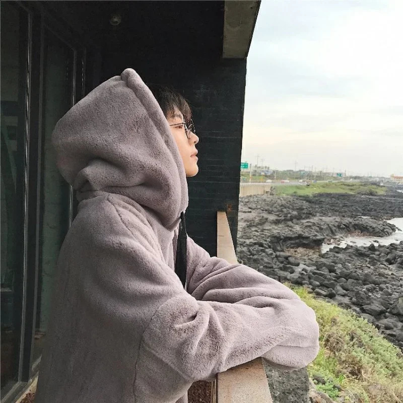 Solid Color Plush Hoodie Men Y2k Trend Loose Warm Sweatshirt Couple Casual Joker Harajuku Vintage Pullover Streetwear 250109Z