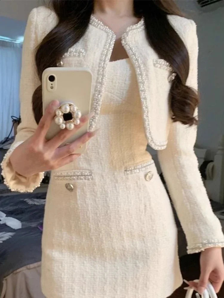 White France Vintage Two Piece Set Women Korean Slim Party Dress Suit Female Short Sweet CoatElegant Strap 2024 250122