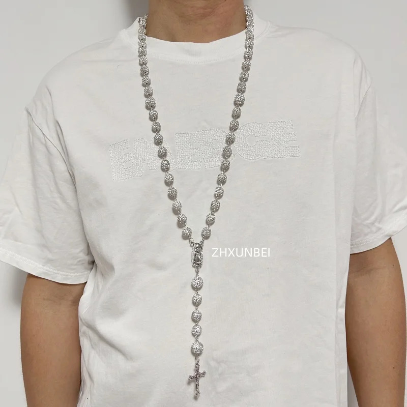 1PC Hip Hop Necklace Rhinestone Rosary Pendant 10mm Disco Ball Beads Virgin Rosary of Guadalupe Men Cluster Fashion Jewelry 250122
