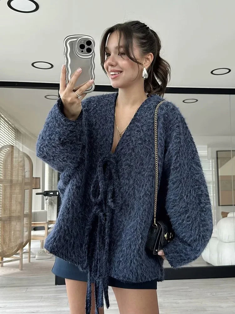 TRAF womens small cardigan Vneck Mao jacket fashion retro bow tie n solid colour autumn and winter 250113Z