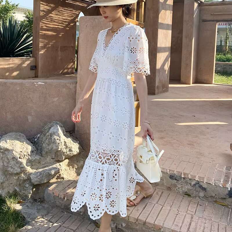 New Embroidery White V Neck Short Sleeve Holiday Cotton Lace Dress Retro Hollow Out Daily Dresses Vestidos