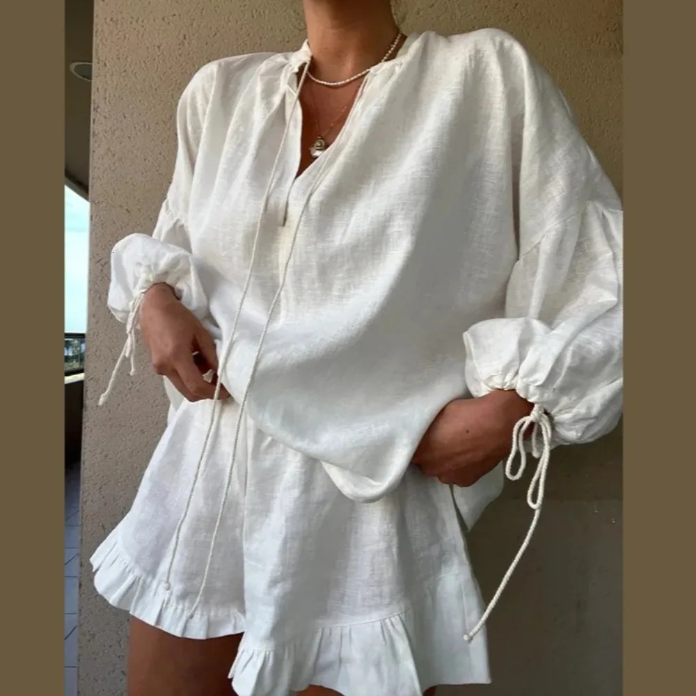 Women 2024 Summer Shorts Sets Solid Ruffle Short Pants V Neck Long Sleeve Drawstring Loose Tops Suit Casual Chic Tracksuit 250120