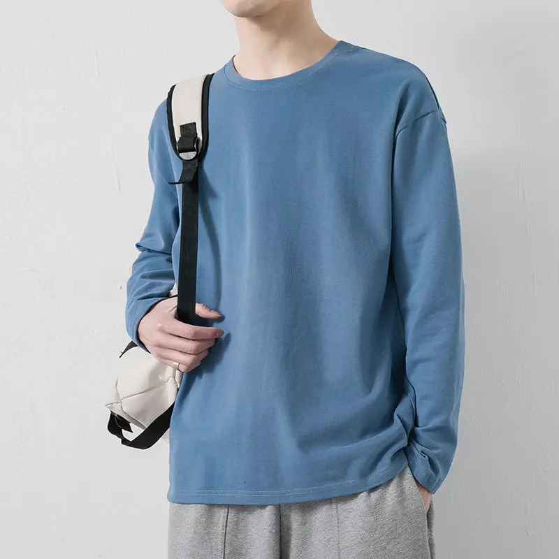 Spring Solid Color Long Sleeve Tshirt Man Round Neck Harajuku Motion Pullovers Male Korean Style Cotton Casual Sweater 250122