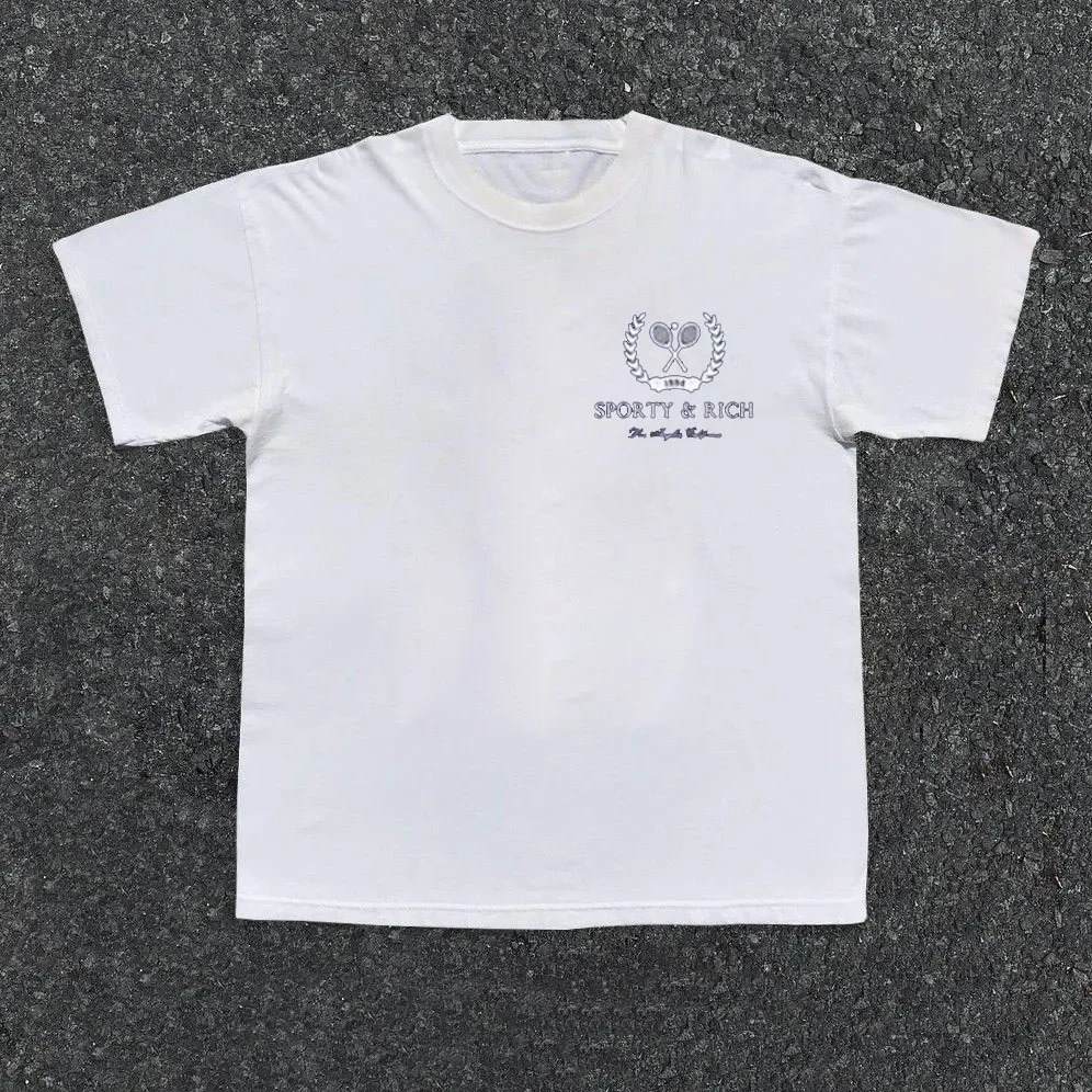 American Retro Sport Make You Health Printing 90s T Shirts Navy Short Sleeve Loose Cotton Casual Tops Ins Fashoin Cool Shirts 250109