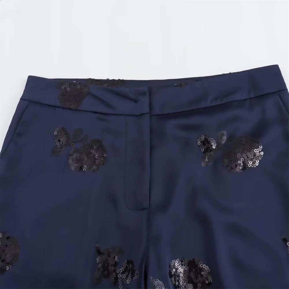 UNIZERA2024 Summer Womens Fashion Sequin Lace up Decoration Satin Kimono Coat Beaded Silk Texture Pants Set 250114Z