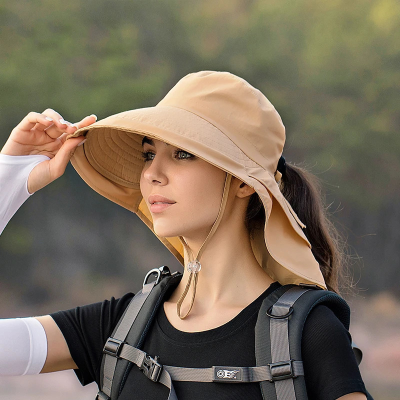 Women Wide Large Brim Sun Hat Bucket Summer Outdoor Fishing Hiking UV Anti Neck Protection Shawl Visor Cap Ladies Bonnet 250118