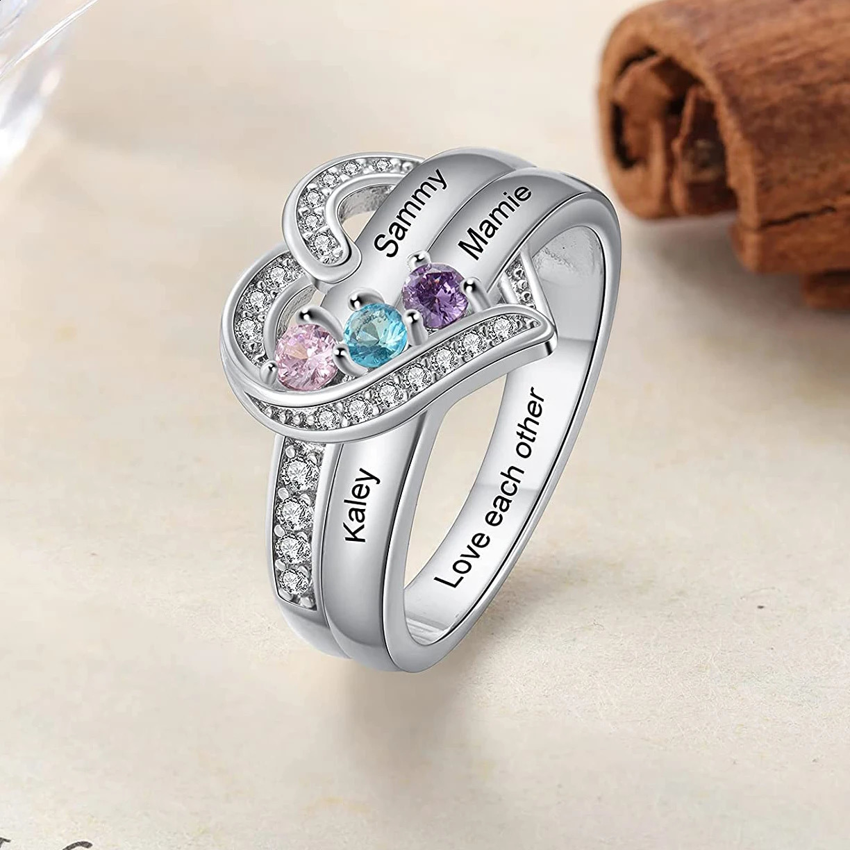 Personalized 1-8 Birthstone Ring Silver Heart Custom Carving Mothers Day Aniversary Jewelry Surname 250110