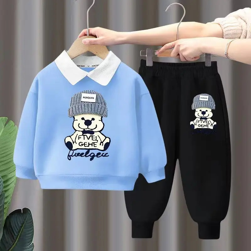 Autumn Baby Girls Clothes Set Children Boy Lapel Cartoon Printed Pullover Sweatshirts And Pants 2pcs Suit Children Tracksuits 250113