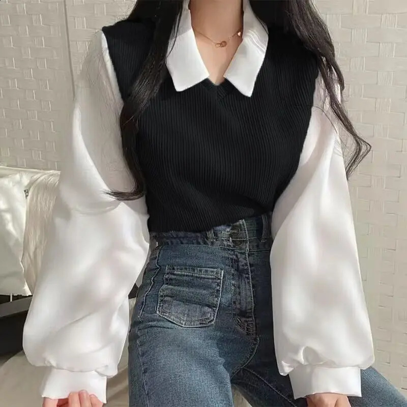 False Twopiece Polo Collar Womens Blouse Spring Casual Korean Shirt Y2k Tops Streetwear Loose Female Pullovers Elegant Blouses 250121