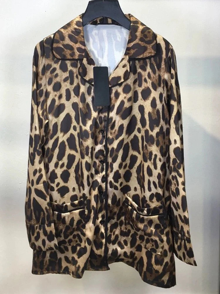 Autumn Leopard print lapel long sleeve lace-up shirt womens two-piece suithigh waist wide leg trousers fashion suit 250120