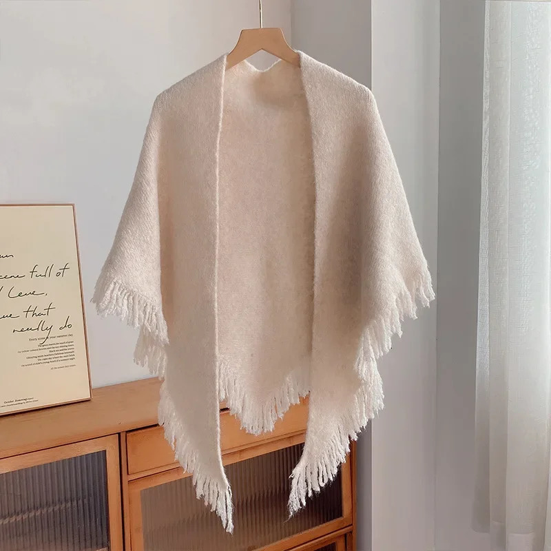 autumn winter tassel shawl for womens outerwear versatile triangular scarf for warmth and neck protection Gray 250121