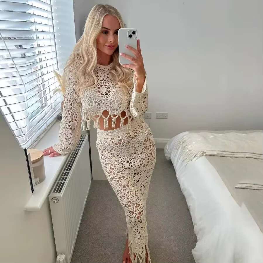 Women's Two Pieces Set Mujer Crochet Cotton Knitted Dress Tassel Knit Top Hollow High Waist Skirts Outfits Boho Sets