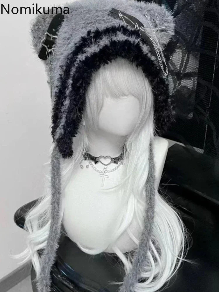 Harajuku Gothic Lolita Y2K Knitted Cat Ear Hat Womens Punk er Cross Bat Winter Black Bean Cute Hat Womens Accessories Hat 250110