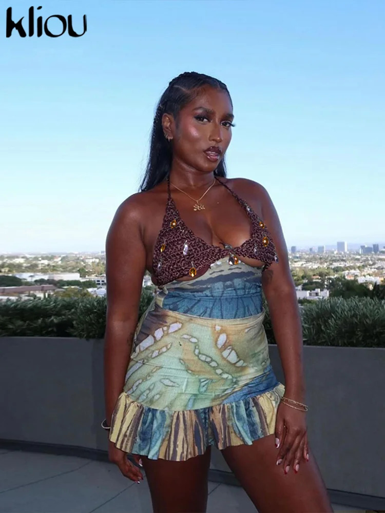 kliou Party Style Women 2Piece Set Halter Knit Patchwork Backless TopsRuffle Vintage Print Skirts Female Attractive Club Outfit 250113