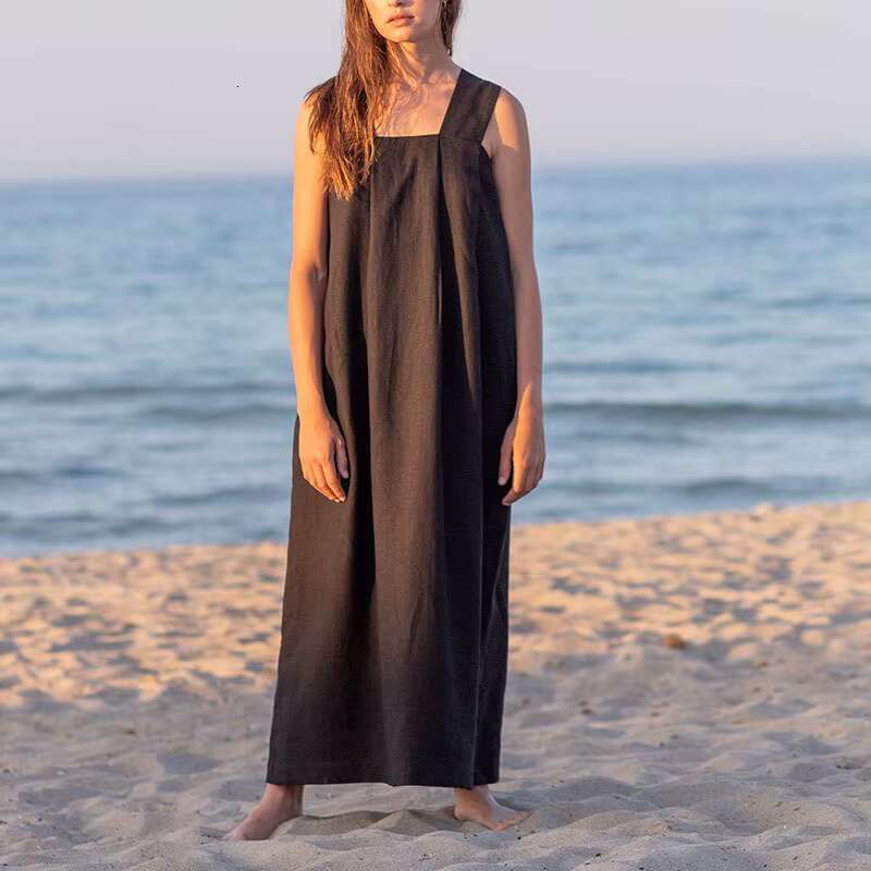 Spring Cotton And En Square Collar Solid Color Straight Style Loose Sleeveless Overall Maxi Dress