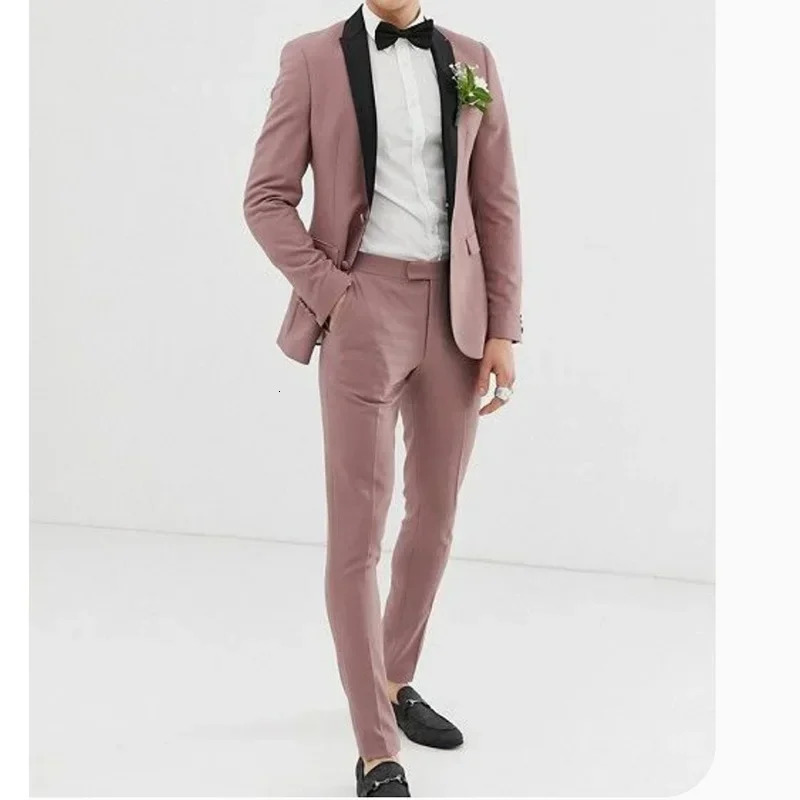 2024 Dusty Pink Black Shawl Lapel Men Suits Prom Terno Masculino Groom Costume Homme Blazer Wedding 2 Pieces 250122