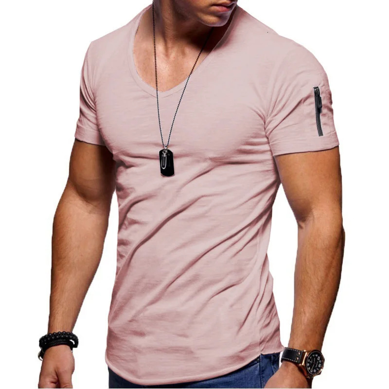 Summer Mens V Neck T Shirt Fitness Bodybuilding Tshirt High Street Short Sleeved Zipper Casual Cotton Top Plus Size S5XL 250110