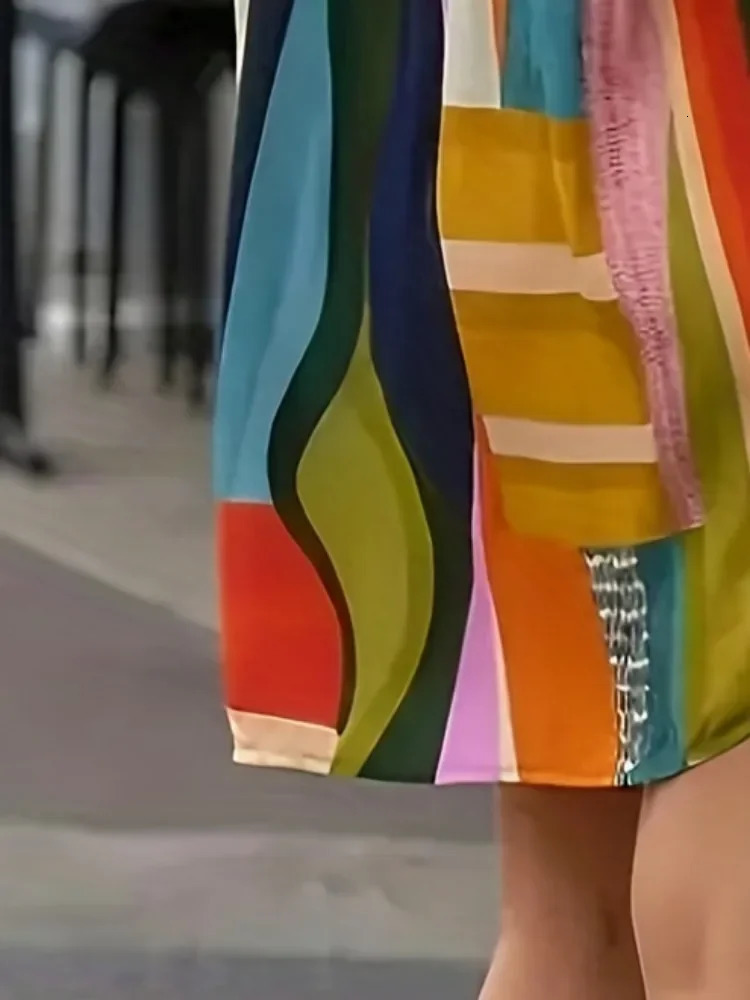 Plus Size Womens Large Colorful Geometric Casual Front Button Long Sleeved Shirt Beach Vacation Bikini Printed Outfit 250122