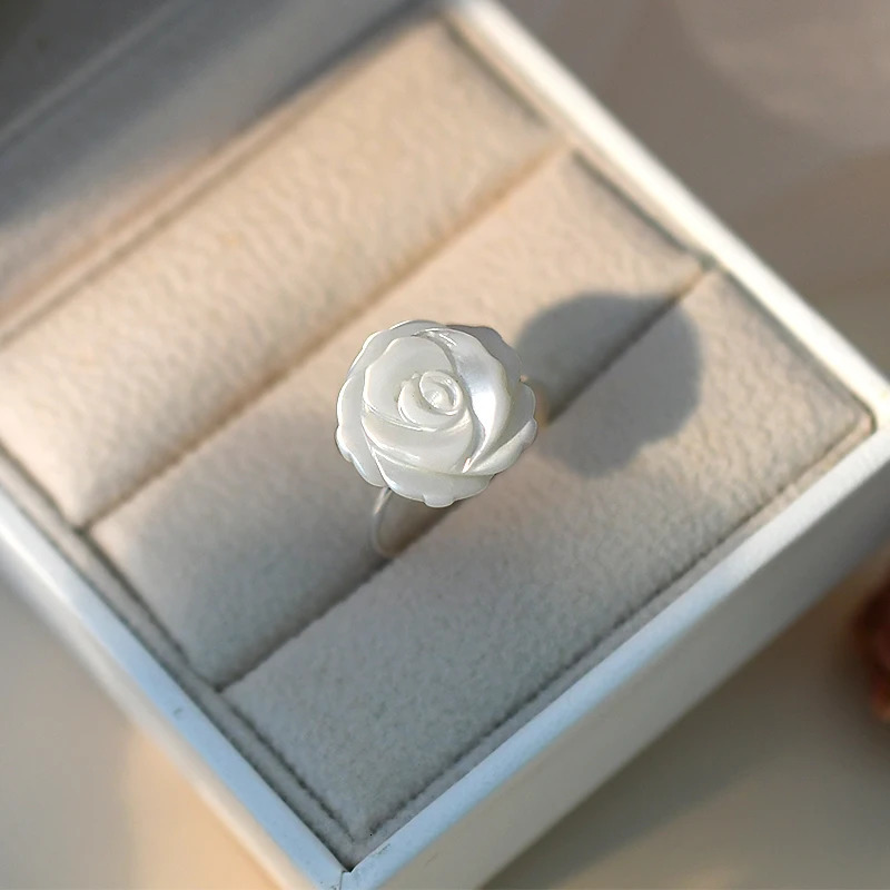 ASHIQI Natural Shell Flower Ring 925 Sterling Silver Handmade Jewelry Unique for Women Gift 250121
