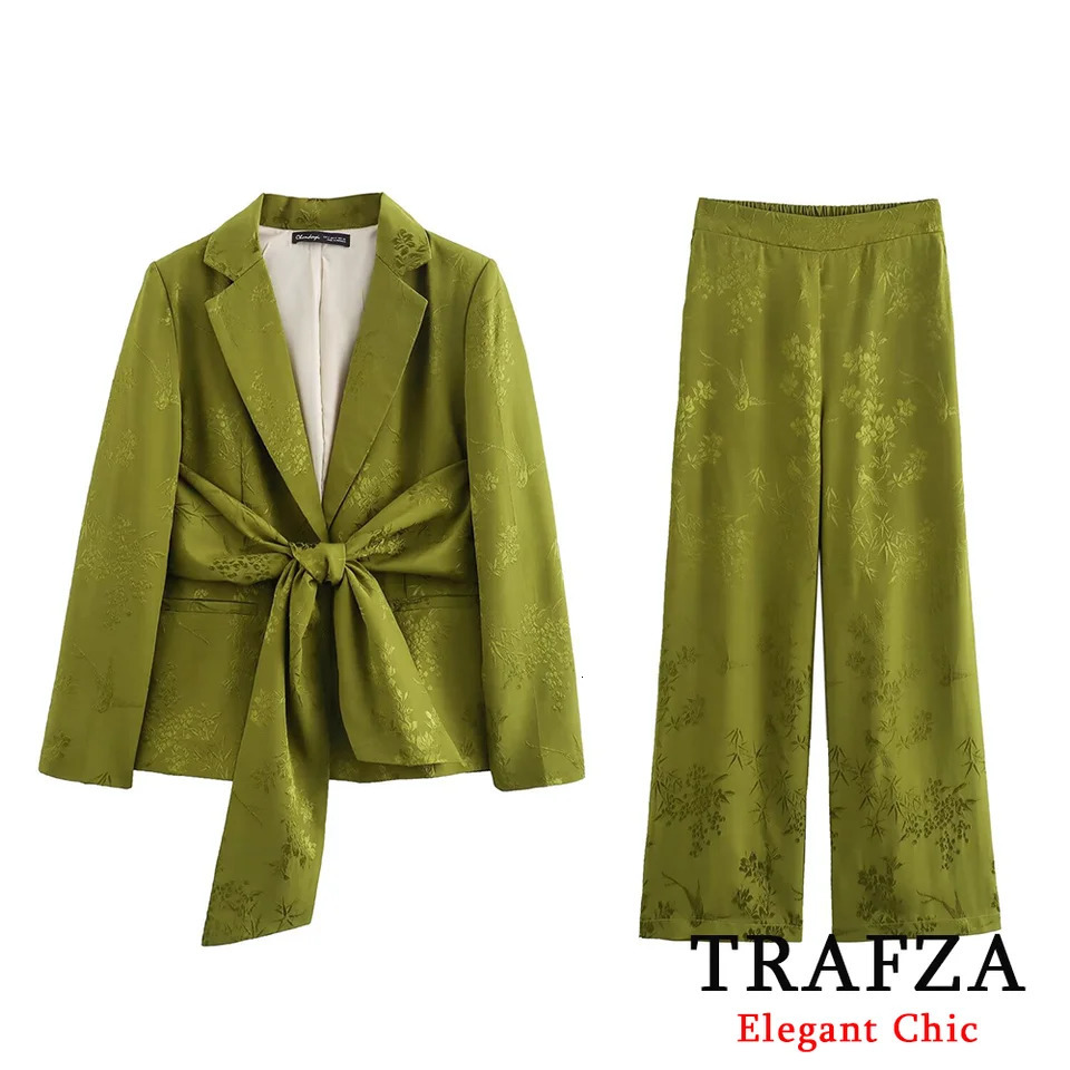 TRAFZA Fashion 2025 Spring Autumn Jacquard Blazer Suit Womens Bow-tie Belt Blazer SuitElastic Waist Pants Blazer Suit 250115