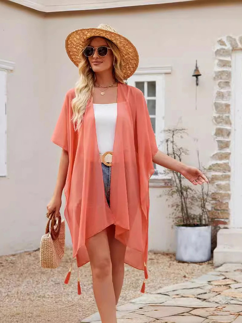 Simple Pure Color Chiffon Beach Bikini Cover Ups Swimwear Women Summer Sun Protection Cardigan Leisure Travel Cape Long 250120