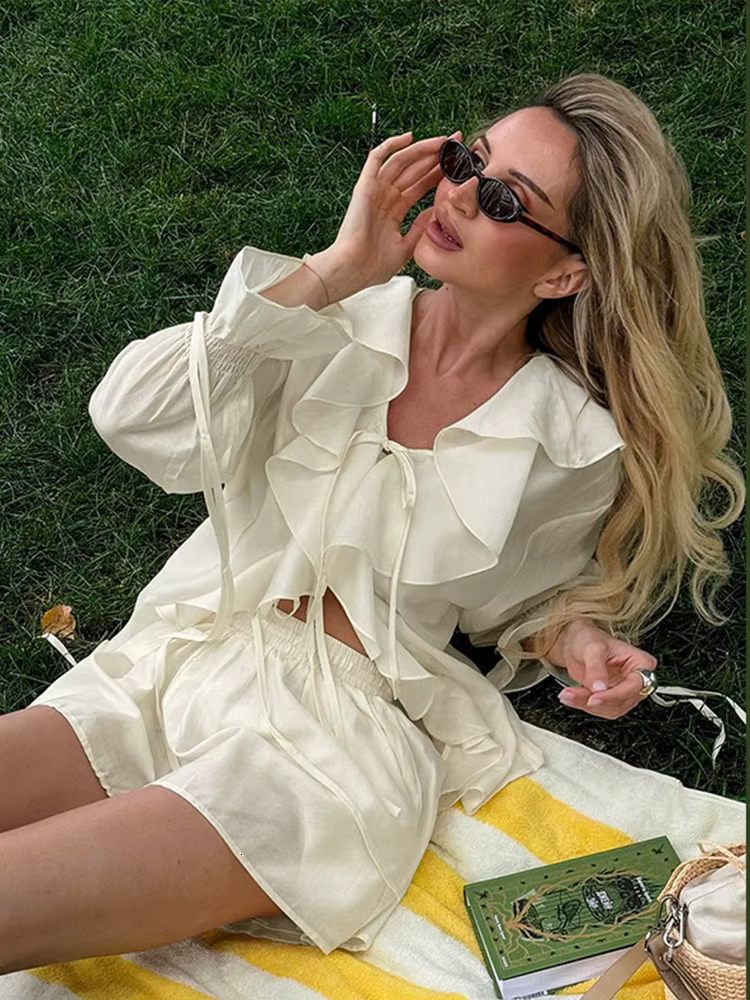 Casual Ruffles Shorts Suits Women Loose See Through V Neck Hollow Out Female 2025 Spring Fashion New Lace Up Sets Lady