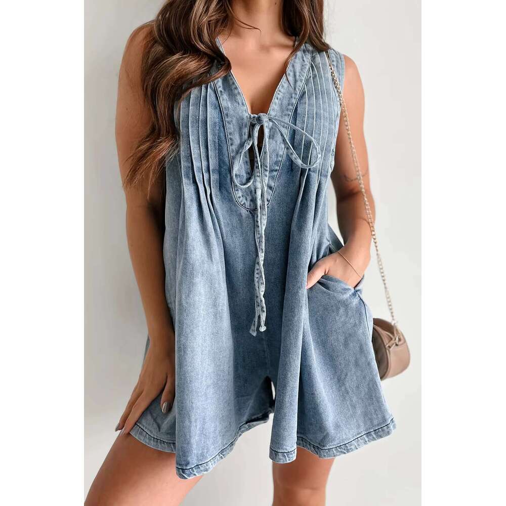 Summer New Female Rompers Sleeveless Denim Playsuits Boho Style One-Piece Vacation Bodysuits Oversized Flared Shorts