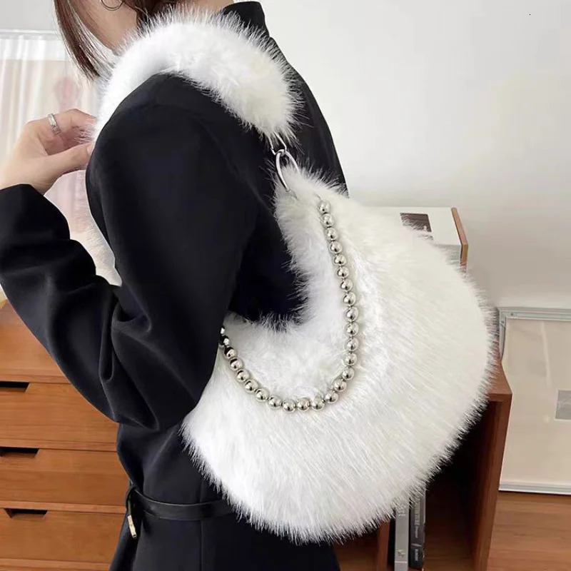 Luxurious Faux Fur Shoulder Bag - Chic Trendy Underarm Purse with Pearl Chain Strap Polyester Lined Interior 250122