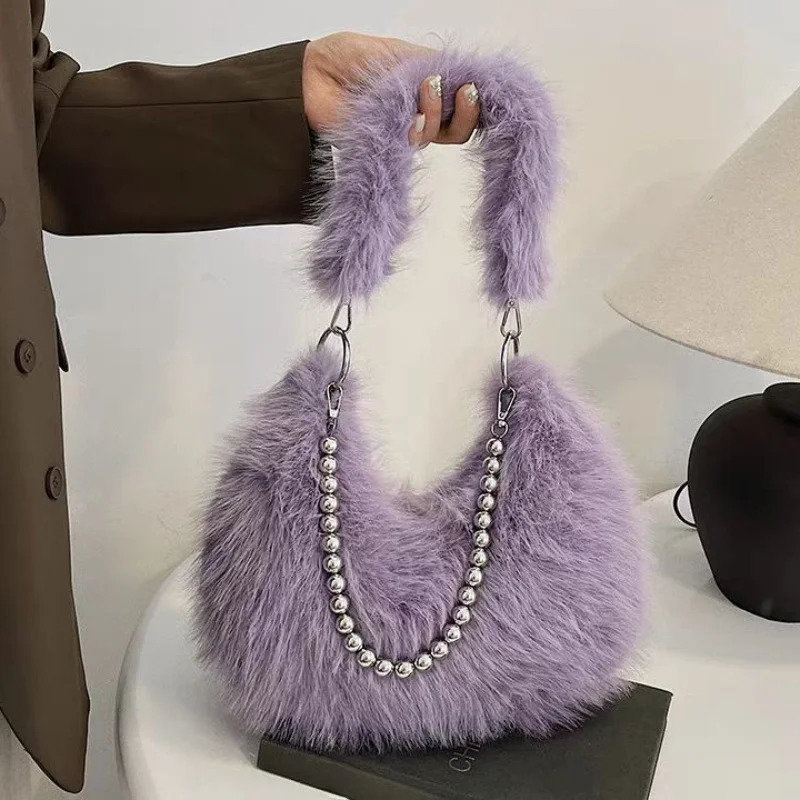 Luxurious Faux Fur Shoulder Bag - Chic Trendy Underarm Purse with Pearl Chain Strap Polyester Lined Interior 250122