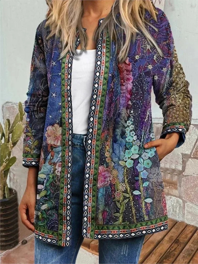 Autumn Winter Fashion Colorful Boho Floral Print Open Front Cardigan Casual Loose Long Sleeve Lightweight Jacket With Pockets 250113