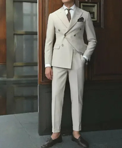 2 Piece 2024 Mens Suits Double Breasted Beige Suit For Man Lapel Blazer Jacket Pants Formal Costume Handsome 250122
