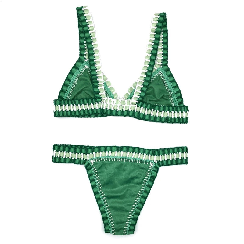 Women Green Velvet Bikini Set Sexy Handmade Crochet Swimwear Micro Swiming Beachwear Triangle Bathing Suit Swimsuit 250113