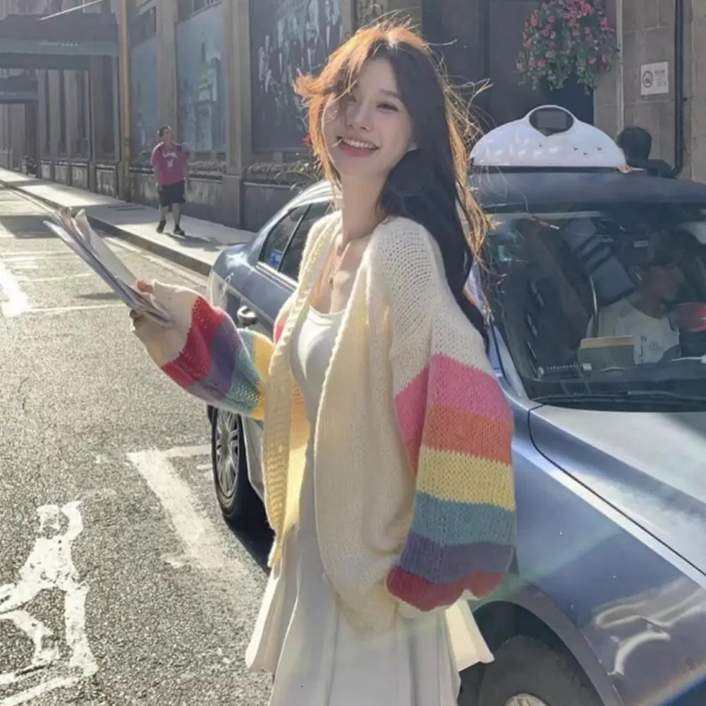 Fashion Rainbow Sweet Cardigan Sweaters Women Autumn Thin Casual Korean Knitted Coat V-Neck Loose Long Sleeve Tops Outwear 250121