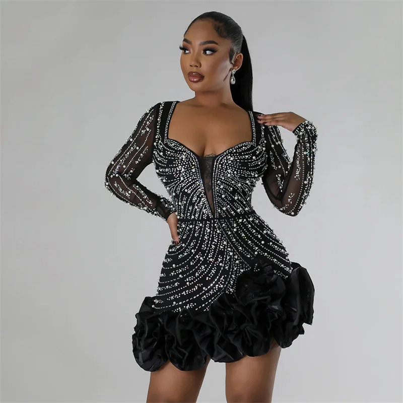 2024 Women Mesh Sleeve Bodycon Sexy Diamonds Birthday Party Dress Tierred Ruffles Rhinestone Pearls Night Club Dress Pink250120