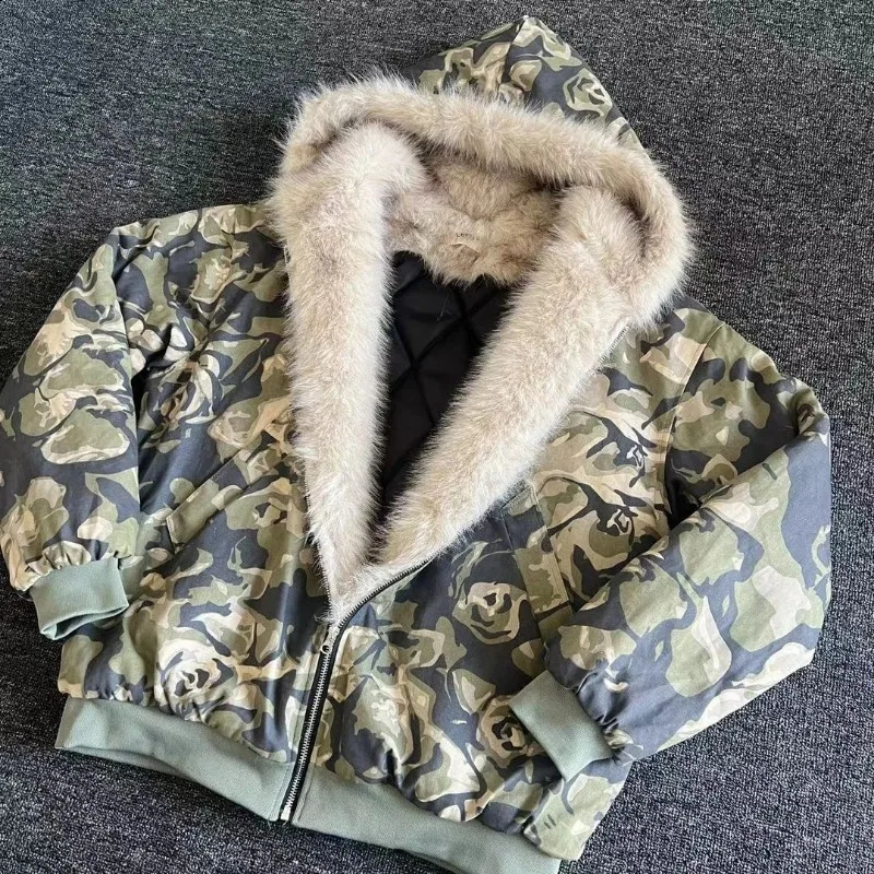 American Fashion Camouflage Fur Collar Padded Jacket Men Y2K Vintage Hiphop Pop Punk Baggy Hooded Couples Casual Coat 250109