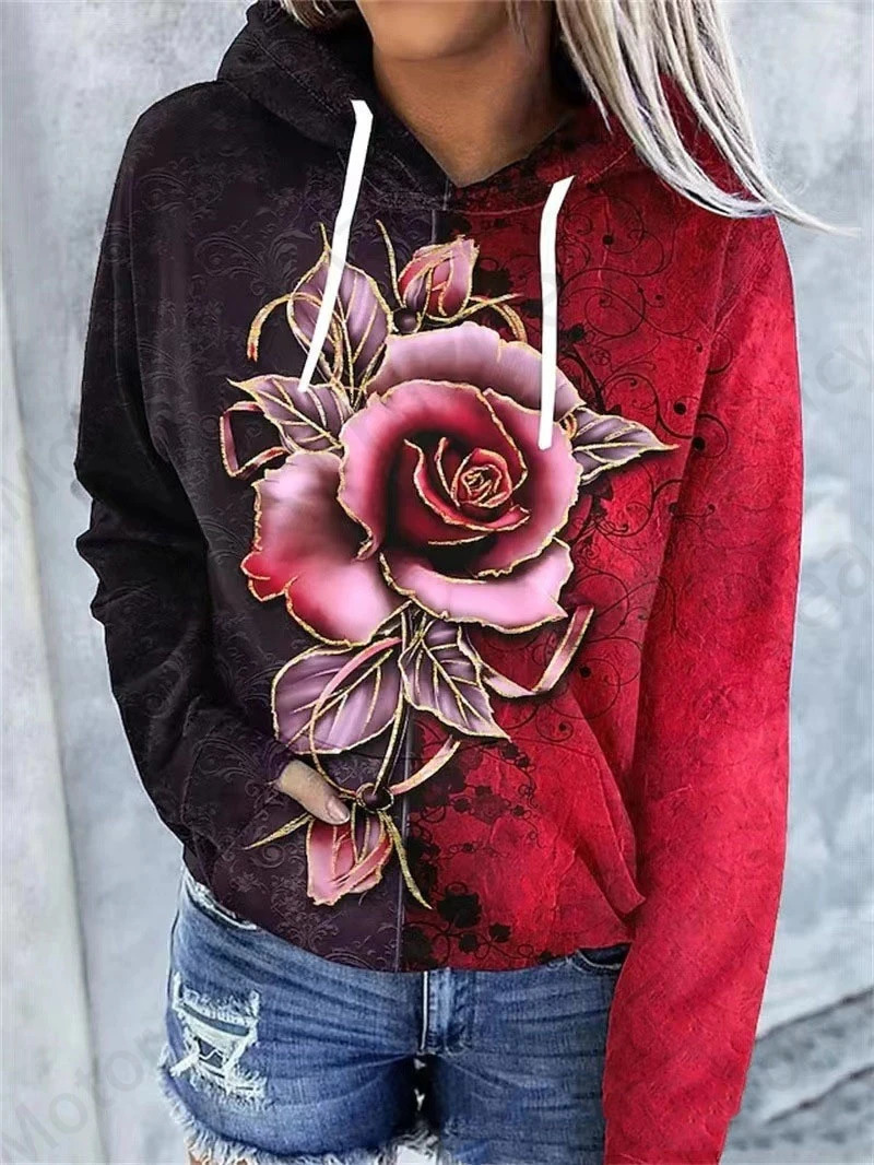 Rose Floral 3d Print Hoodie Women Fashion Oversized Sweats Flower Coat Sweatshirt With Pocket Pullovers Sudaderas 250121
