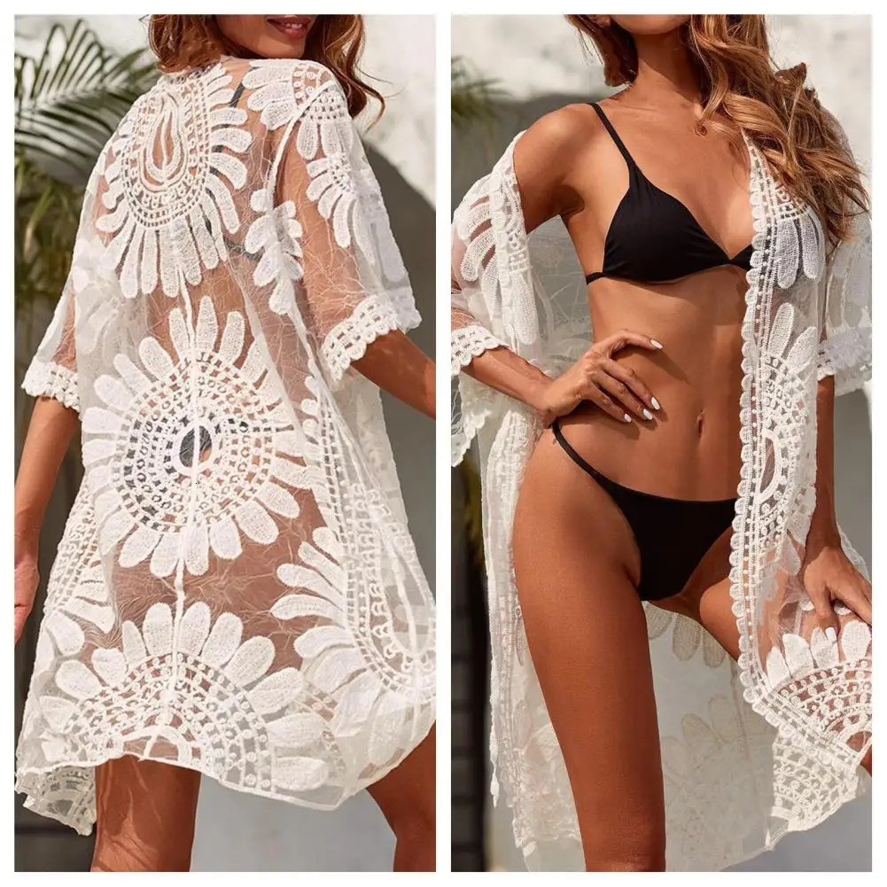 Flower Lace Coverups Beachwear White Cardigan Beach Cover Ups for Swimwear Women Bath Exits Outfits Solid Knitted Wear Coverup 250120