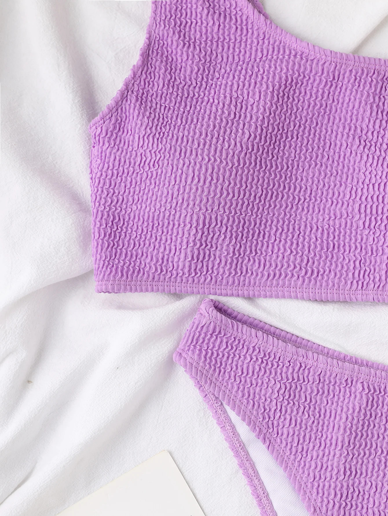 One Shoulder Bikini Textured Swimwear High Cut Swimsuit Solid Bathing Suit Women Brazilian 2024 Fashion 250113