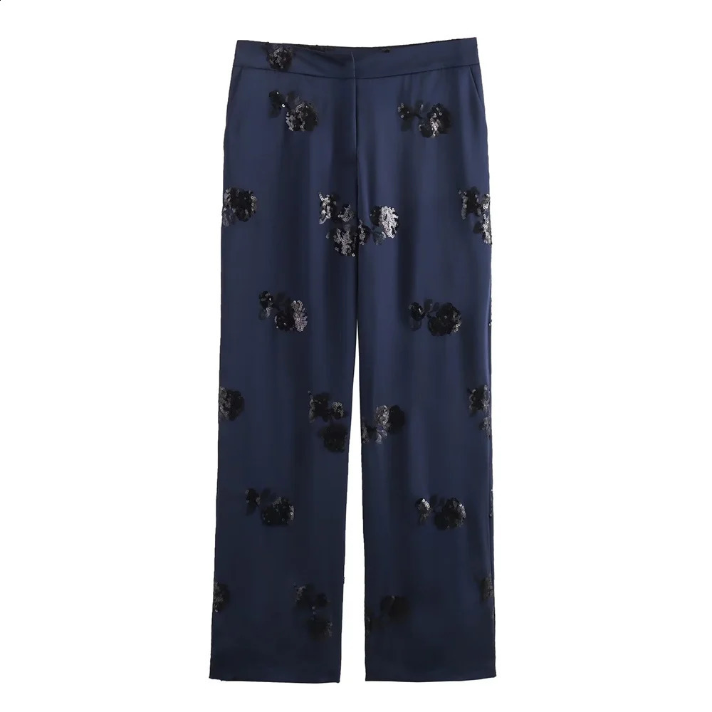 UNIZERA2024 Summer Womens Fashion Sequin Lace up Decoration Satin Kimono Coat Beaded Silk Texture Pants Set 250114Z