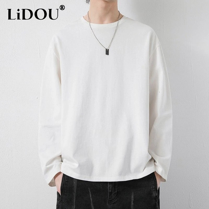 Spring Solid Color Long Sleeve Tshirt Man Round Neck Harajuku Motion Pullovers Male Korean Style Cotton Casual Sweater 250122